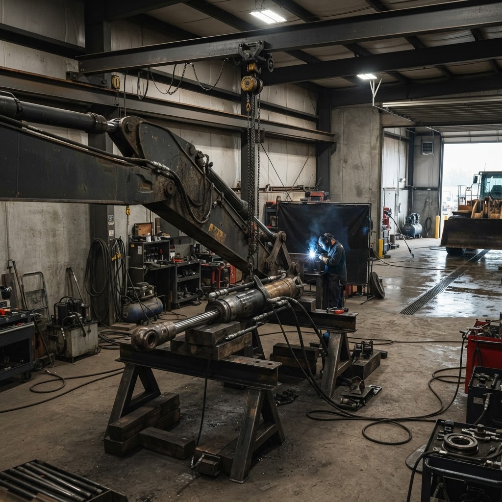 Construction equipment repair shop servicing excavator components with overhead crane and heavy tools.