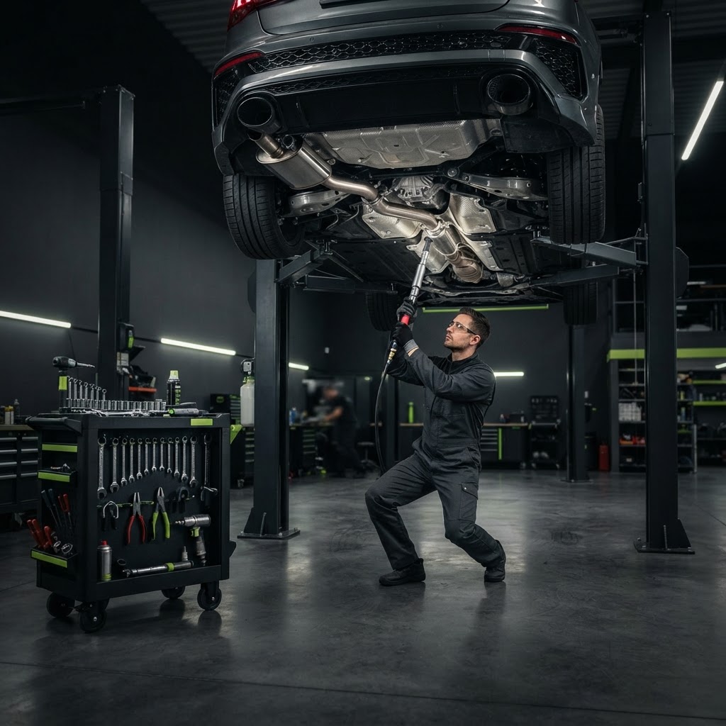 Technician working on a vehicle exhaust system underneath a car raised on a two-post lift, exhaust tubing and professional tools organized on a rolling cart.