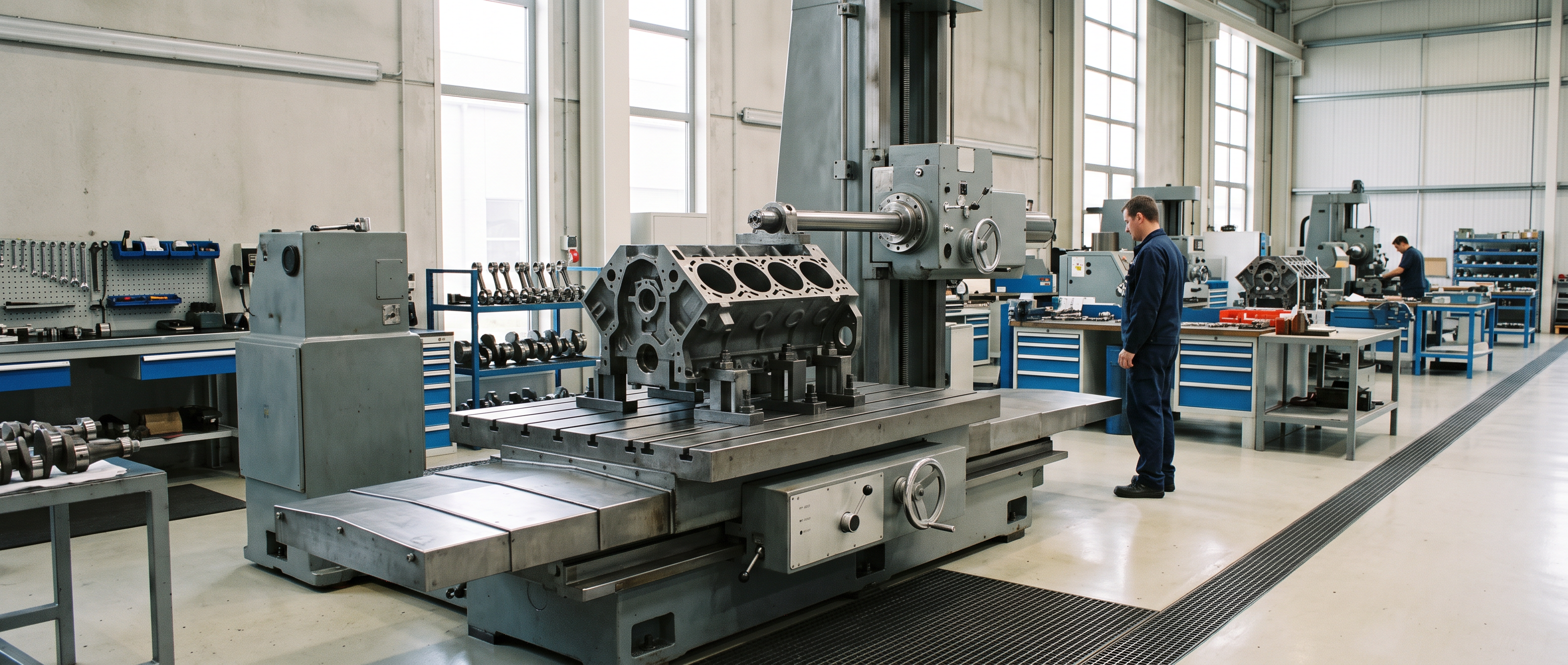 Heavy line boring setup in a bright machine shop with an engine block clamped level on a large machine table and a horizontal boring spindle at rest above.