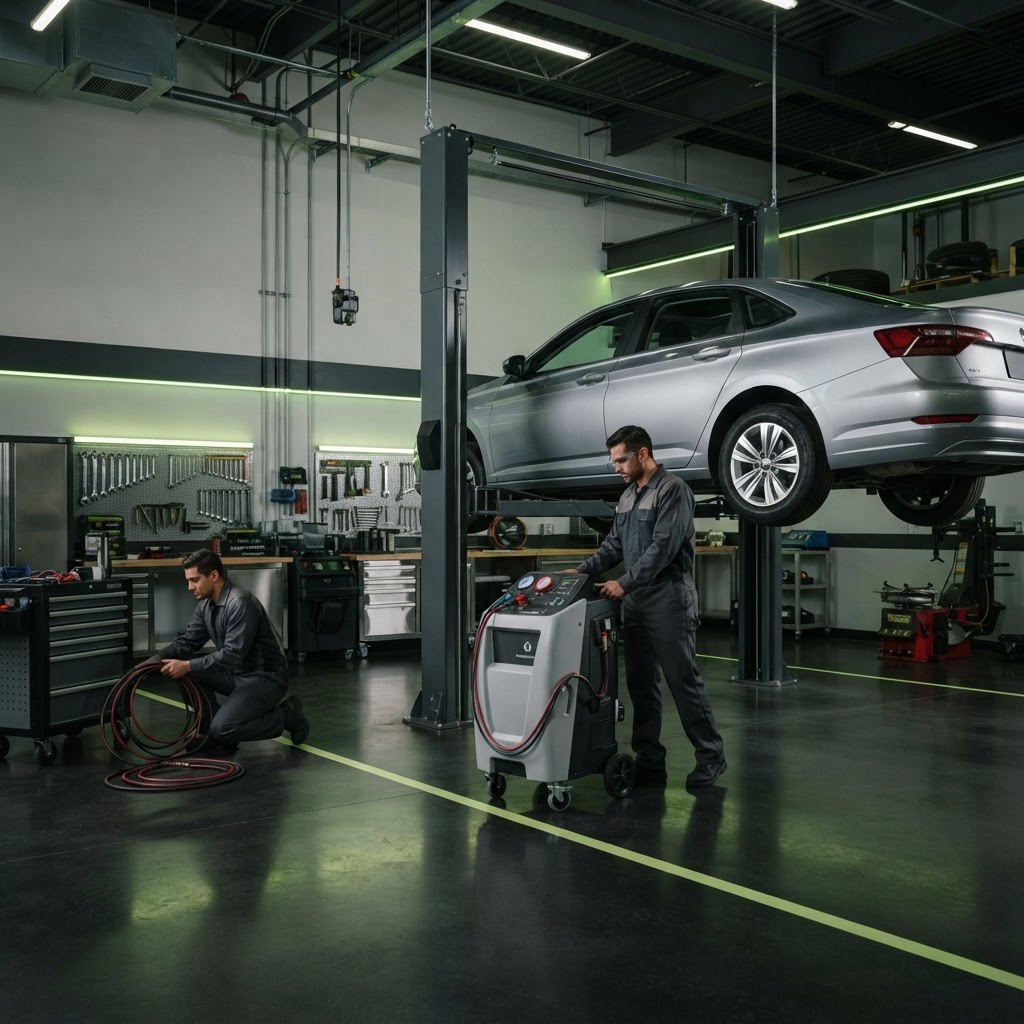 Technicians moving a professional A/C recovery and recharge machine into a service bay beside a vehicle on a two-post lift.