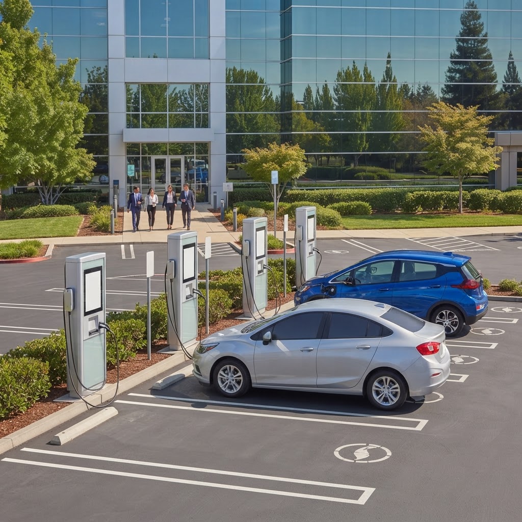 Office parking area with a row of Level 2 charging pedestals in marked stalls, a plain silver electric car and a plain blue electric hatchback charging, professionals walking toward a glass office entrance.