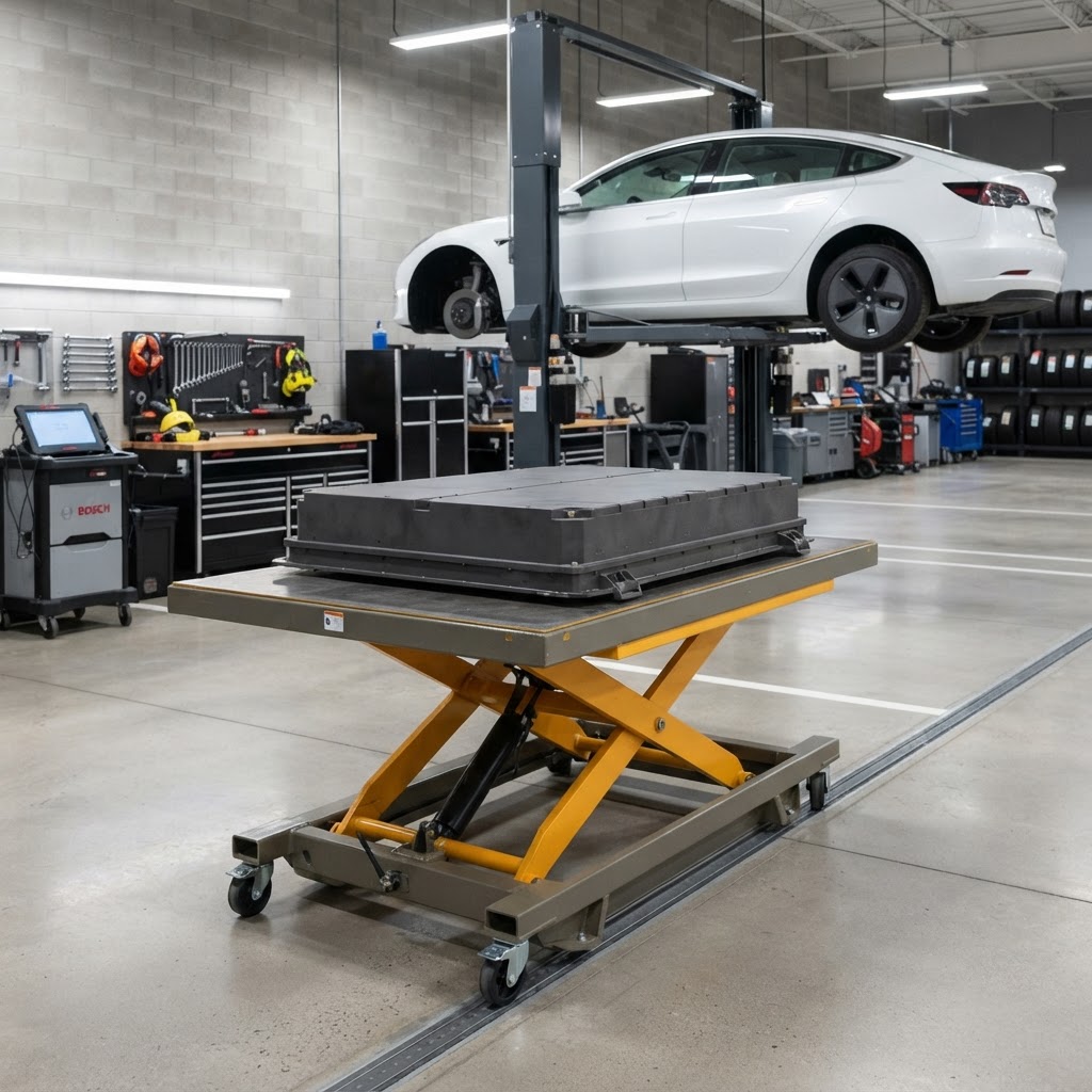 Professional EV battery lift table fully supporting an enclosed battery pack at working height in a service bay.