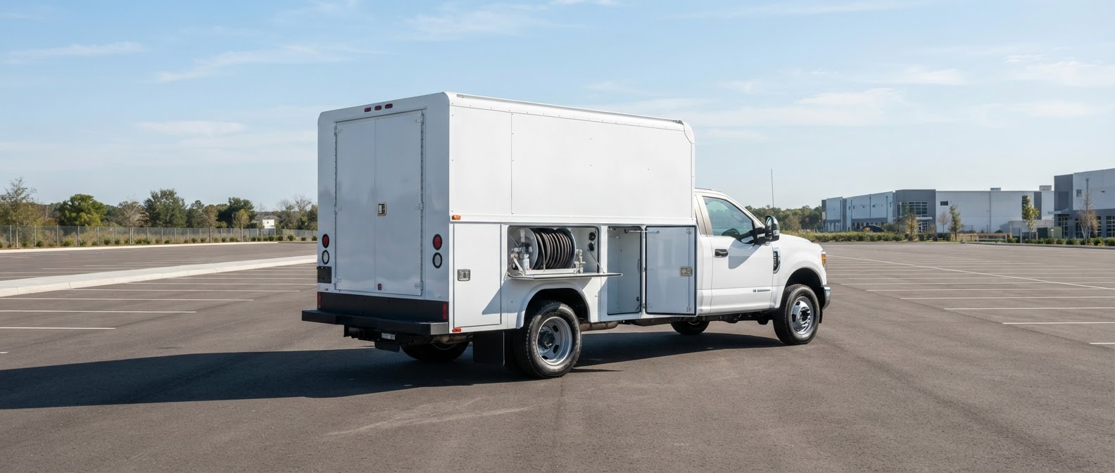 Modern unbranded service truck parked in bright daylight with a side compartment open showing a neatly coiled hydraulic hose.