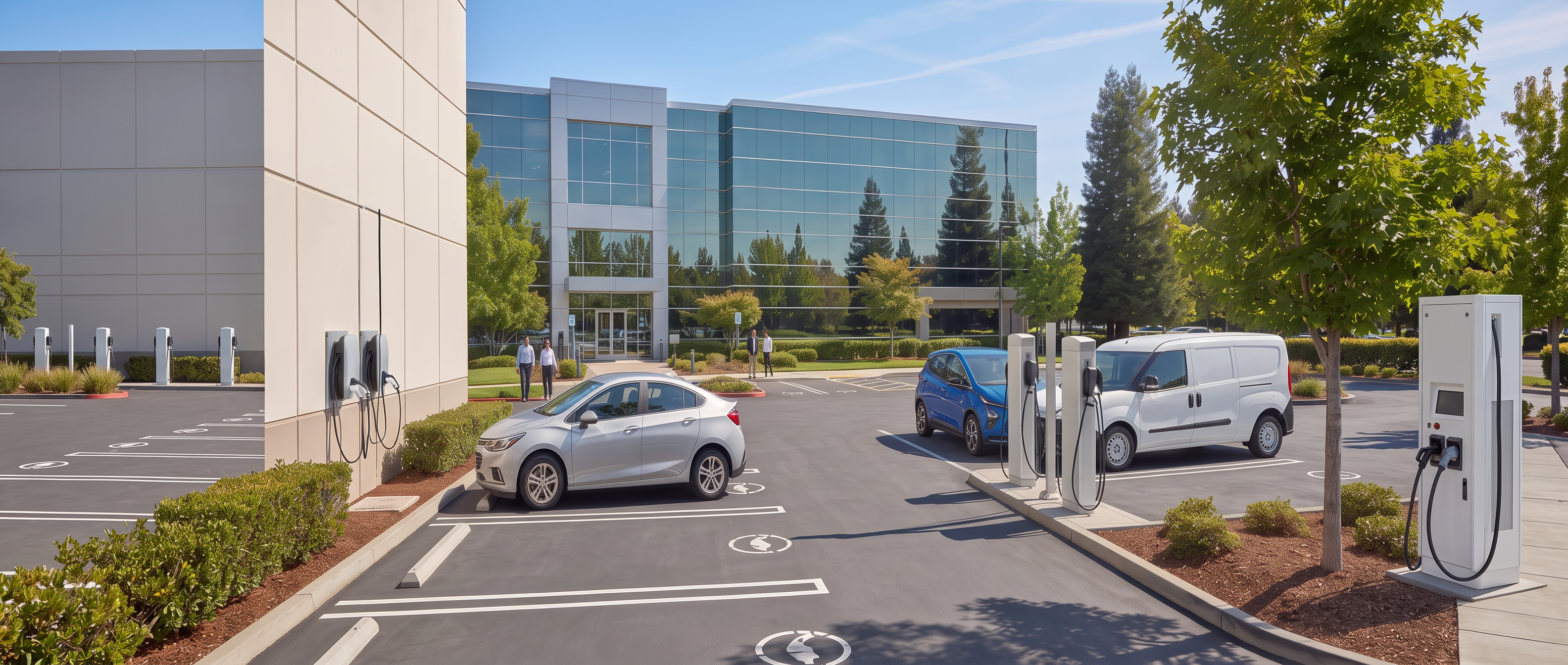 Wide daylight view of a commercial parking area with wall-mounted Level 2 charging units and unbranded charging pedestals in marked stalls, a plain silver electric car and a plain blue electric hatchback charging, a white cargo van parked nearby.