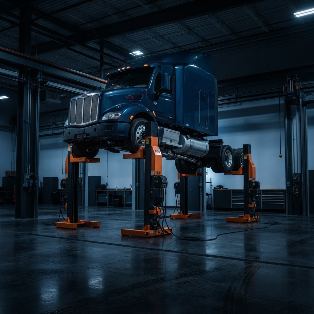 Mobile column lift set lifting a commercial truck Heavy-duty mobile column lift set raising a commercial truck inside a service facility.