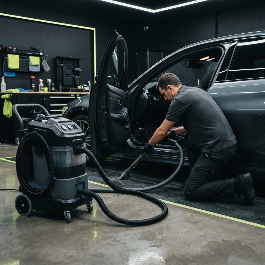 Professional carpet and upholstery extraction machine with wand at the open door of a sedan in a clean commercial detail bay, technician working.