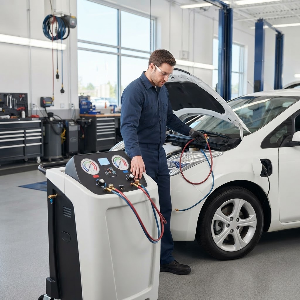 Technician with a professional heat-pump and A/C service machine connected to a plain white electric vehicle in a bright service bay.