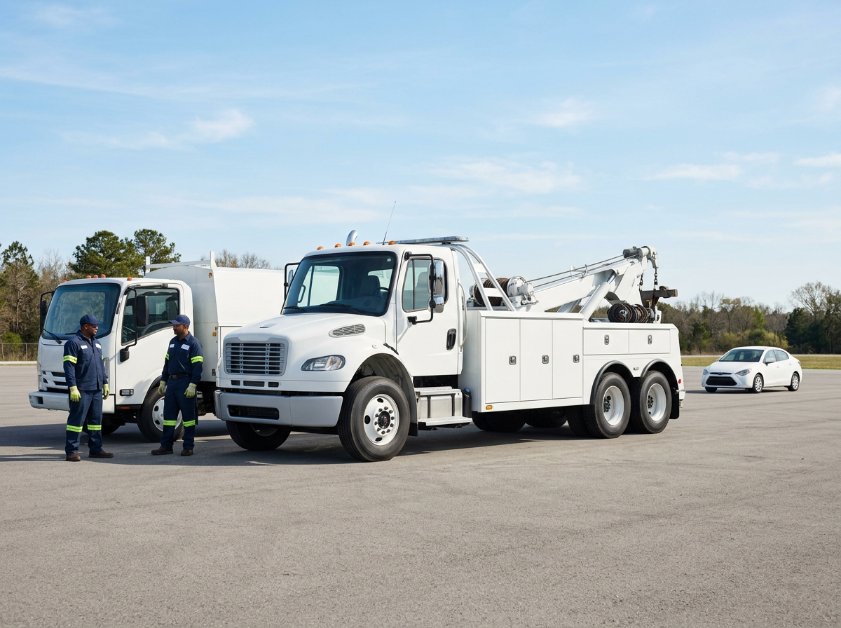 Clean white heavy wrecker and a plain white service truck parked in an open paved public-works yard in daylight.