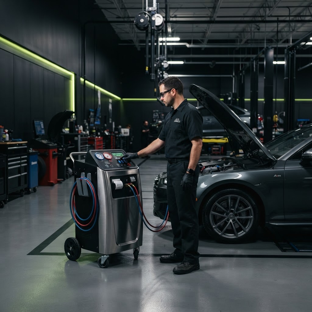 Professional automotive A/C recovery/recycle/recharge machine with digital display and organized hoses beside a sedan in a commercial service bay, technician at the controls.