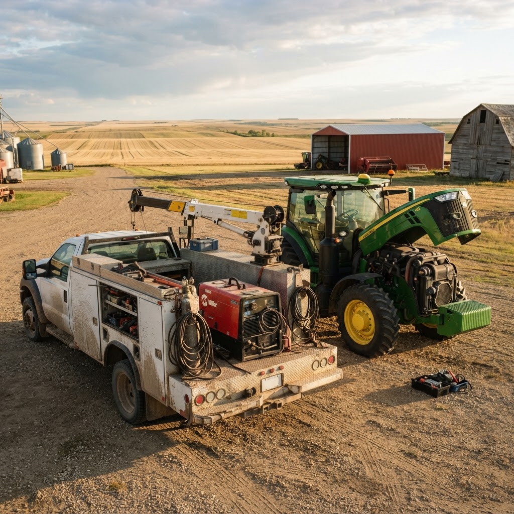 Mobile field service truck with telescopic crane and welder-generator unit working beside a tractor in a farmyard.