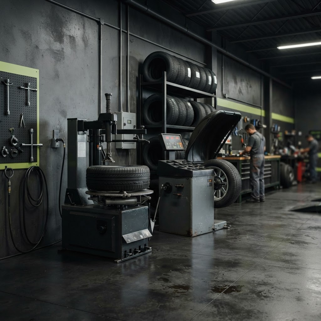 Used tire changer and wheel balancer in professional condition Pre-owned professional tire changer and wheel balancer in a clean tire service bay.