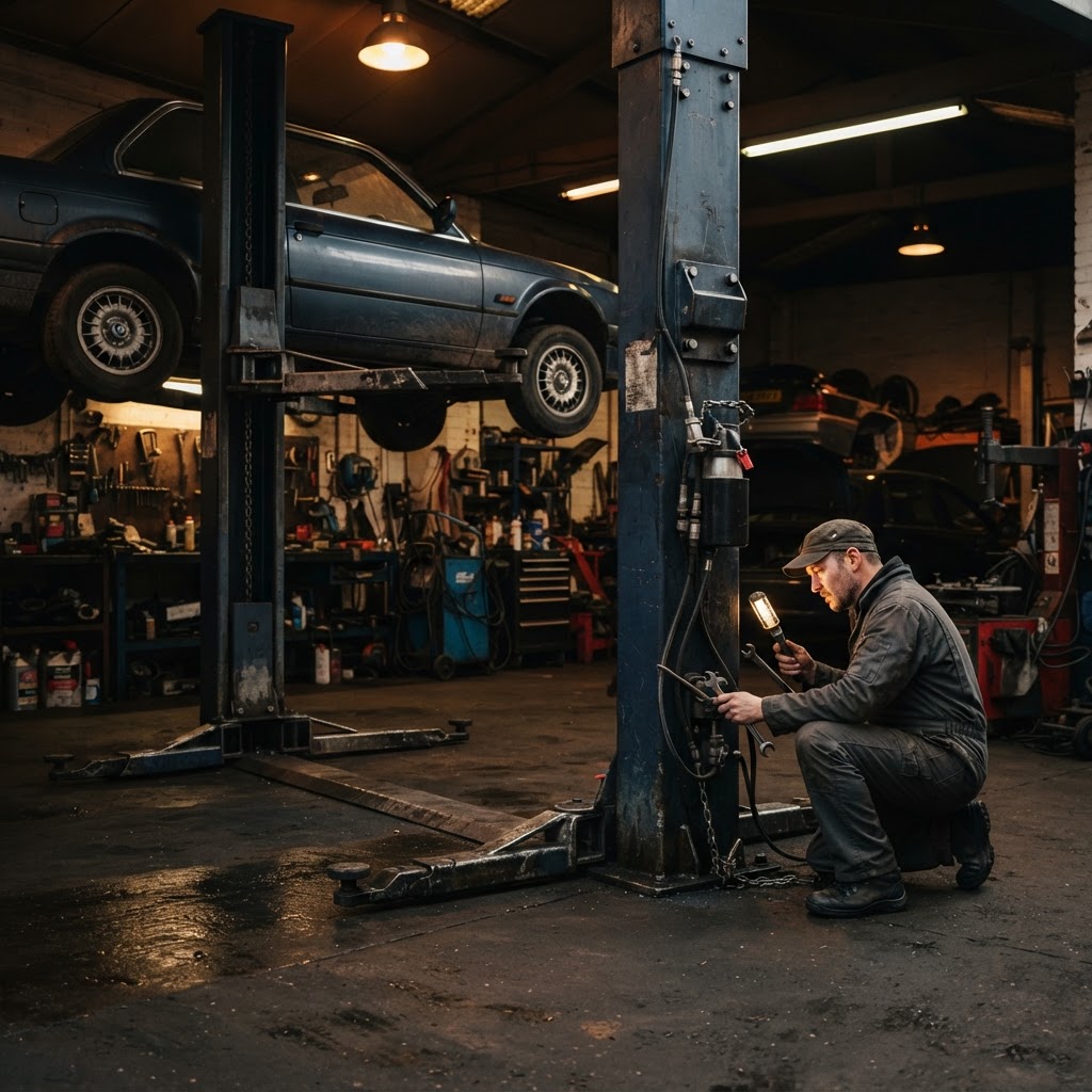 Used Vehicle Lift Buying Guide | FixFin Well-maintained used two-post vehicle lift in an independent automotive repair garage.