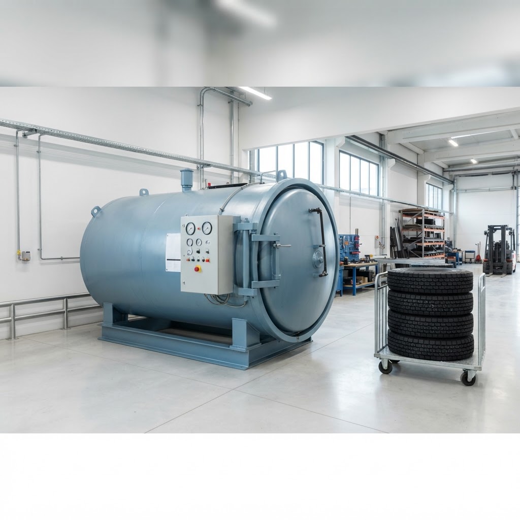 Tire retread curing chamber at rest with its round door closed and finished retreaded truck tires staged on a cart nearby in a bright clean industrial facility.