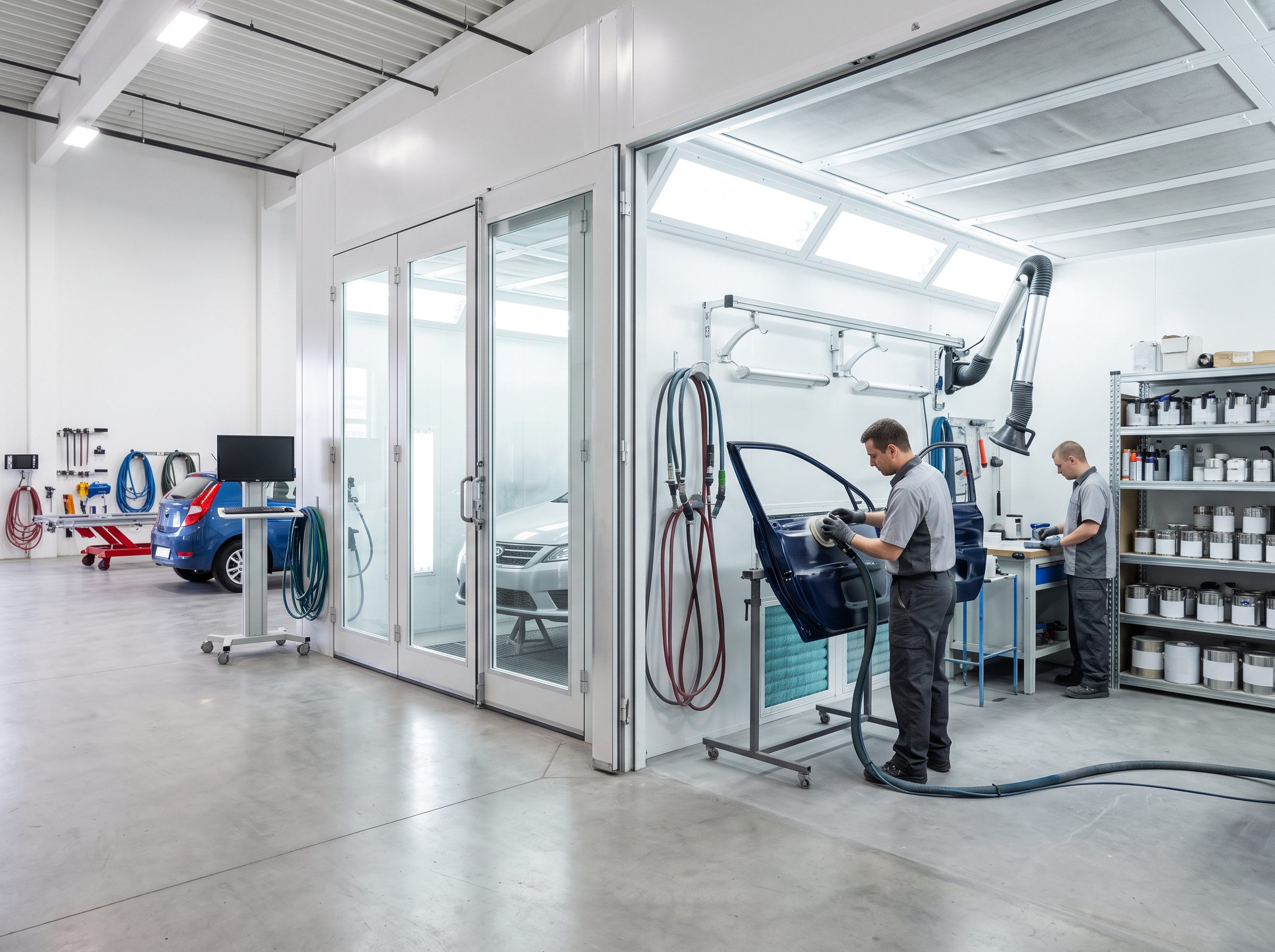 Clean spray booth and open prep station with a vehicle panel inside a bright professional paint and refinish shop.