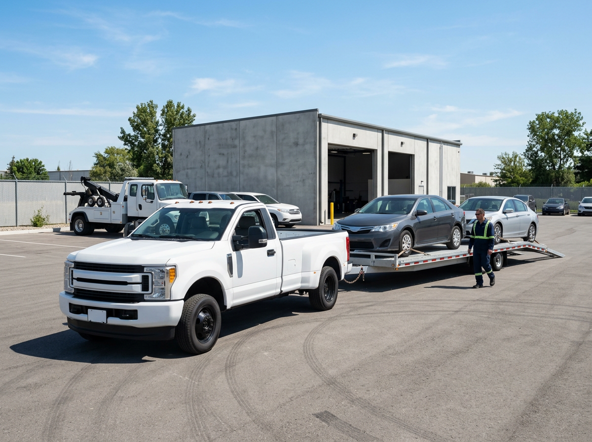 Single-level open car-hauler trailer carrying two plain unbranded sedans hitched to a plain pickup truck in a bright staging yard.