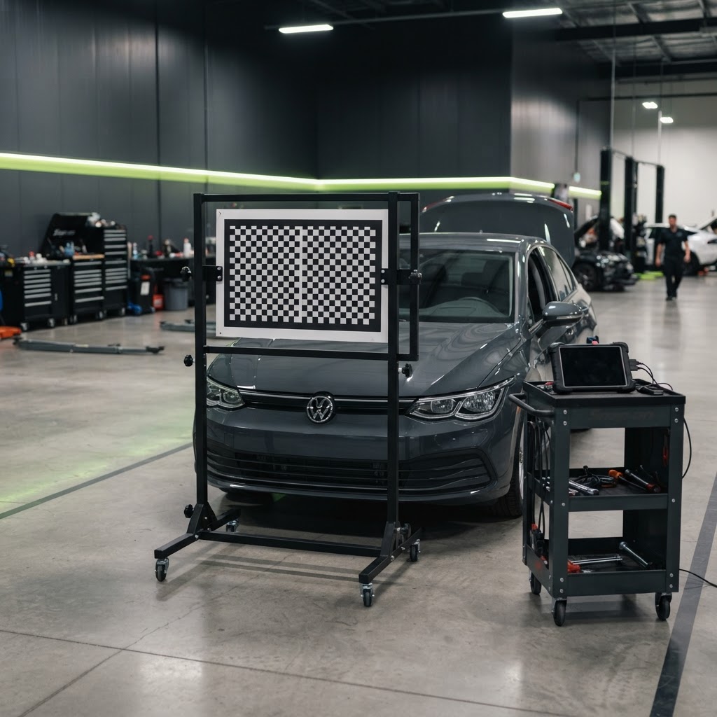 Static ADAS calibration area with a sedan positioned on a level floor and a portable calibration frame holding a patterned target board in front of the windshield.