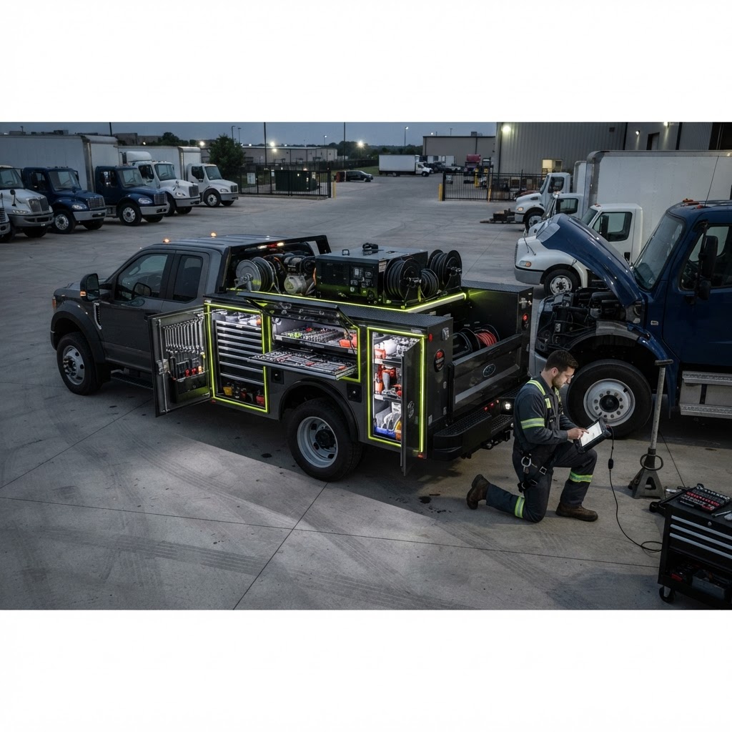 Service truck with an organized open service body, commercial tool-storage drawers and vehicle-mounted compressor, technician using a diagnostic tablet beside a fleet truck in an industrial yard.