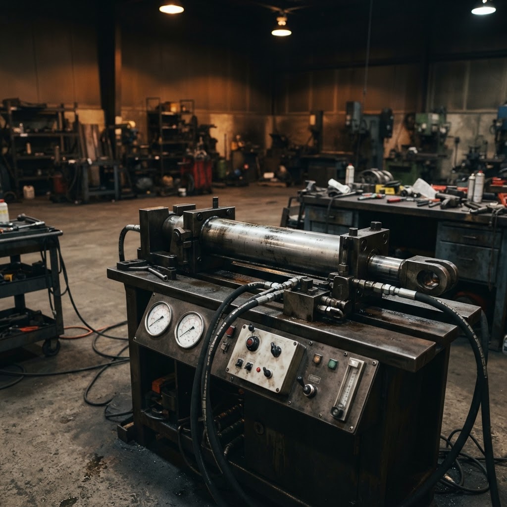 Hydraulic cylinder mounted on a professional test bench with pressure gauges and hoses.