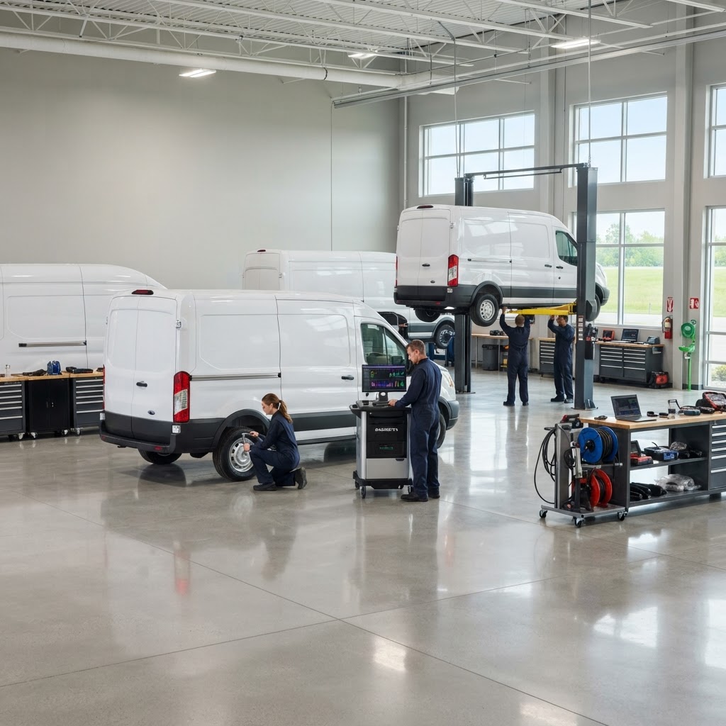 Bright commercial fleet maintenance garage with plain white fleet vans and technicians working with professional diagnostic equipment.