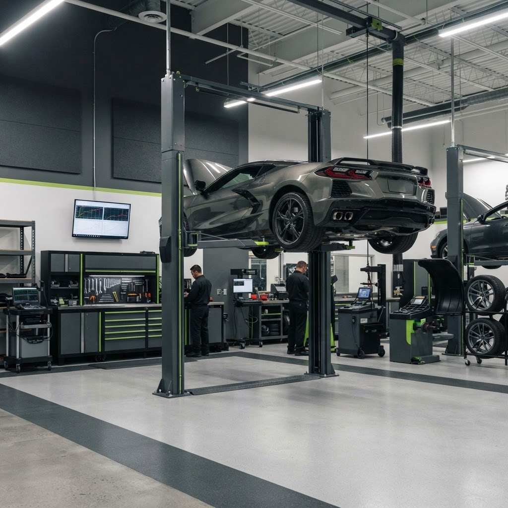 Professional performance and tuning automotive shop with vehicle lift and diagnostic equipment.