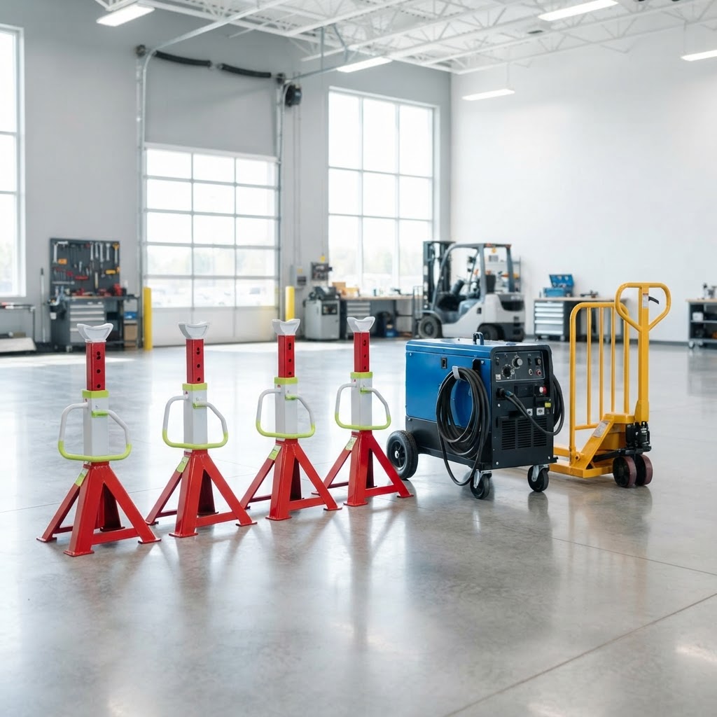 Used trailer service equipment — jack stands, welding machine and lifts — lined up in a shop yard.