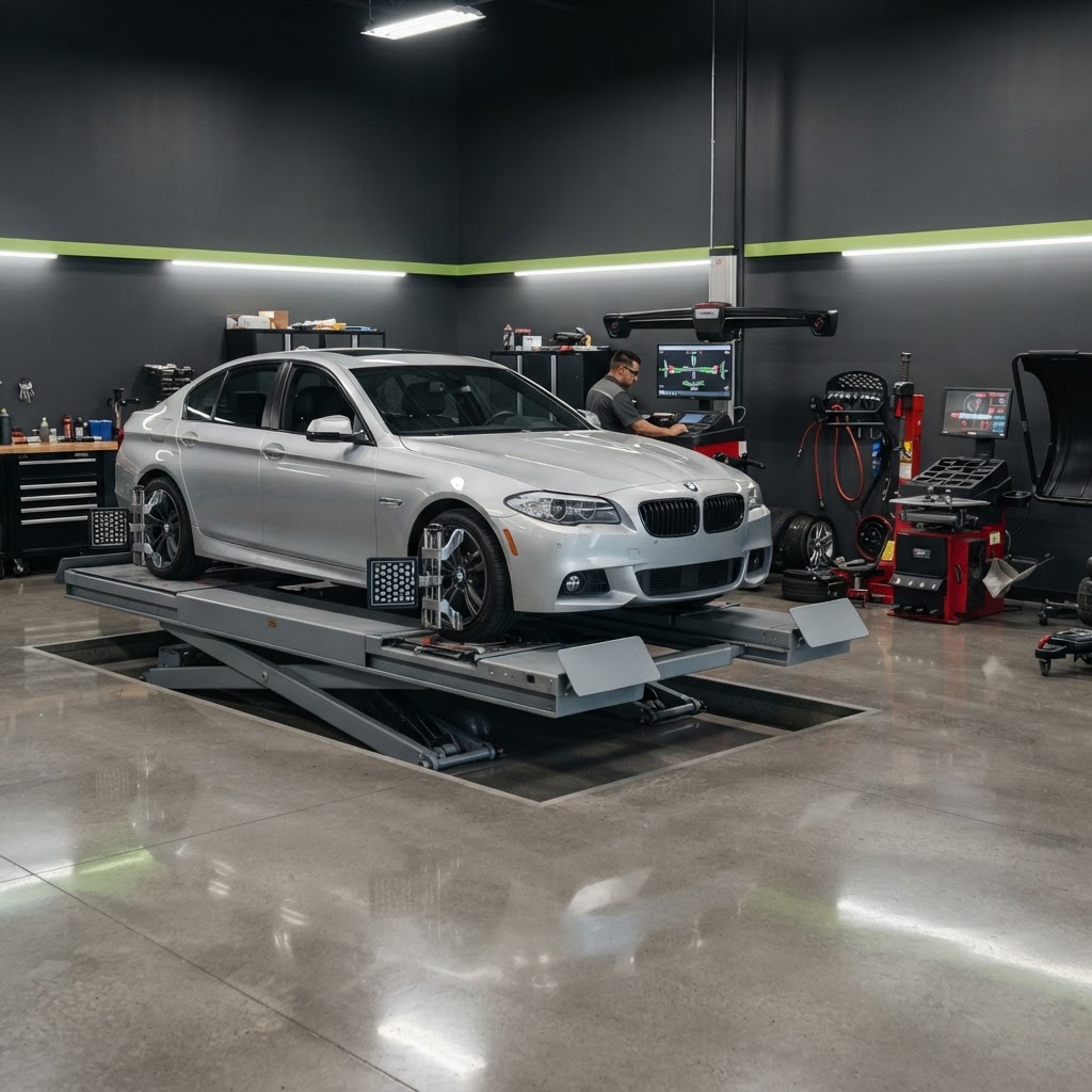 Professional wheel alignment bay with alignment rack and equipment.