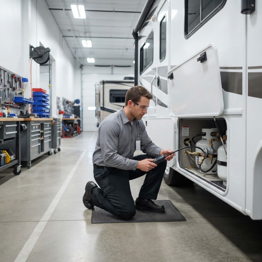 Technician performing a safe exterior propane-system inspection with an electronic gas-leak detector on a motorhome in a bright service facility.