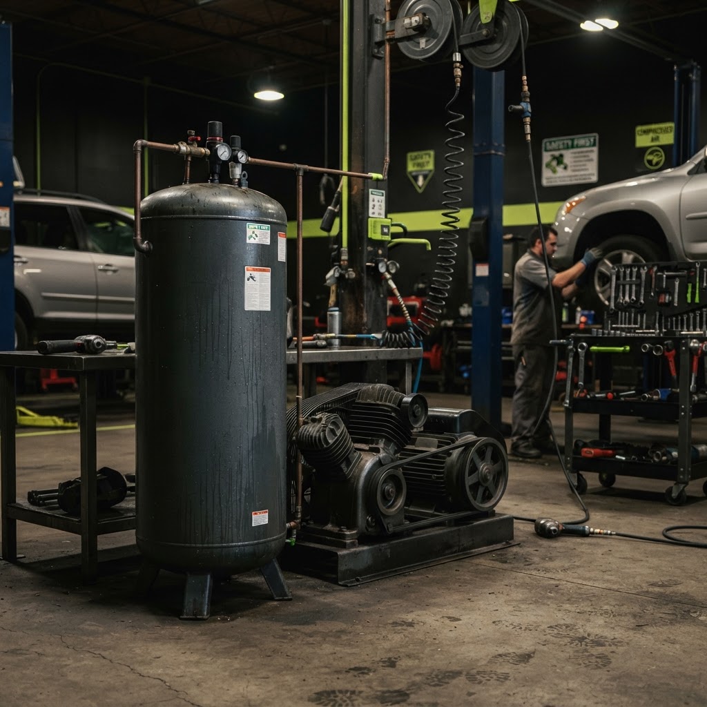 Professional two-stage reciprocating piston air compressor with a vertical air receiver tank in a commercial automotive service bay.