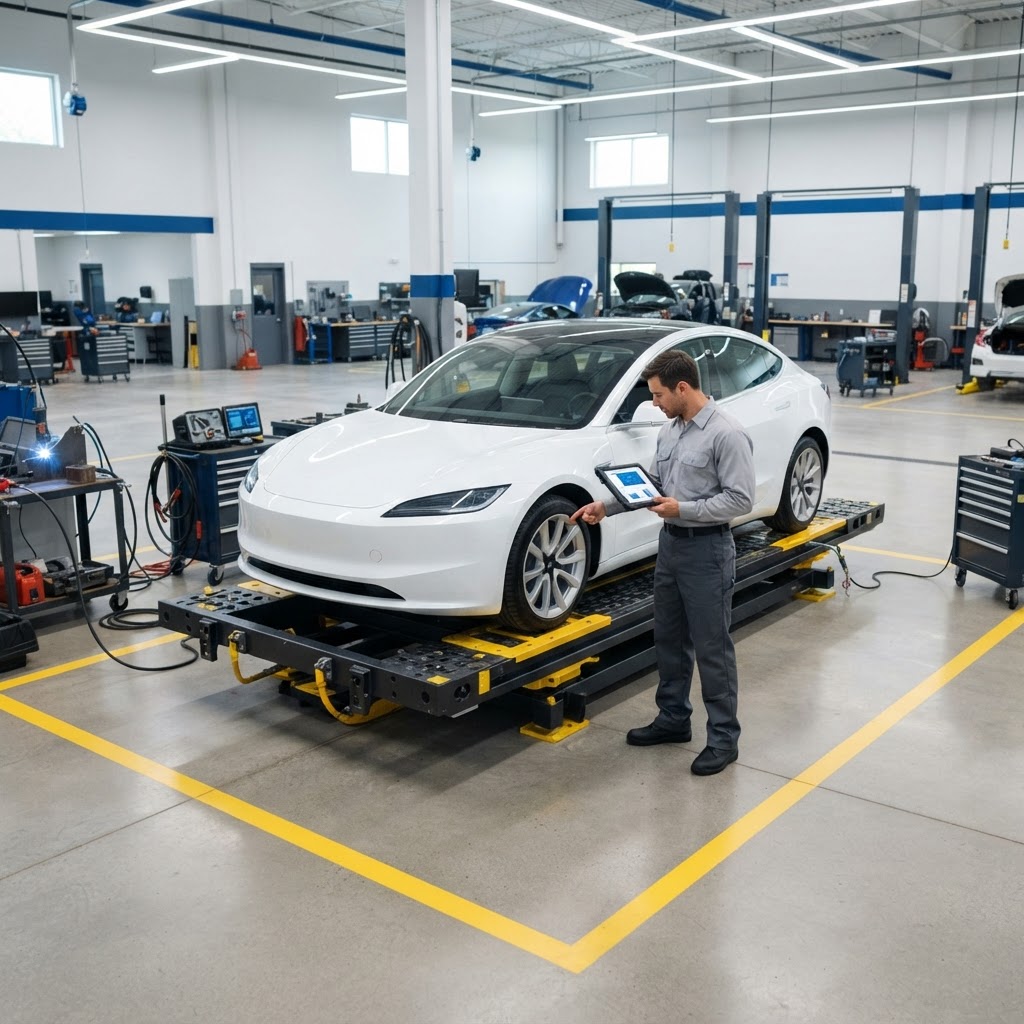 EV Collision Repair Equipment Guide — FixFin Canada Bright modern collision facility with a plain white vehicle on a lift and a technician reviewing a tablet in a spacious service centre.