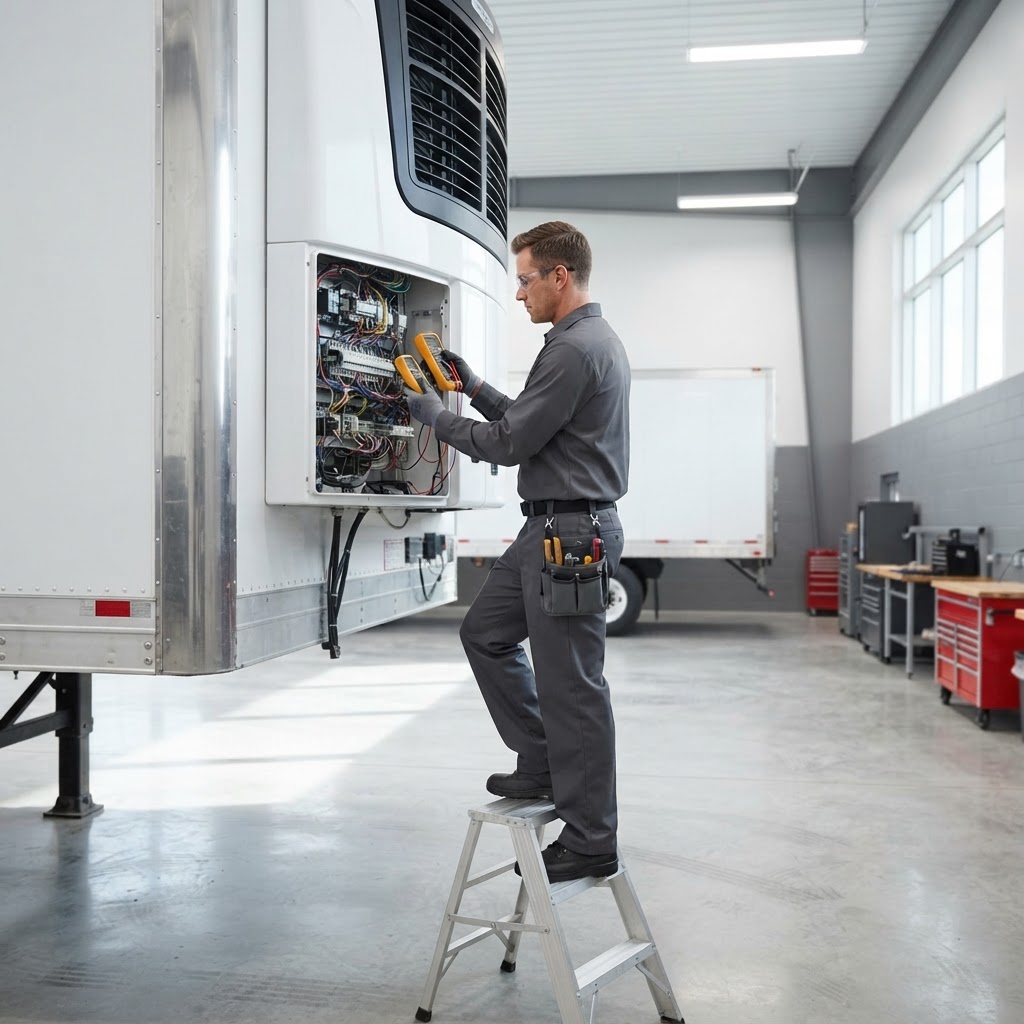 Technician testing the electrical system of a refrigerated trailer's refrigeration unit with diagnostic tools.