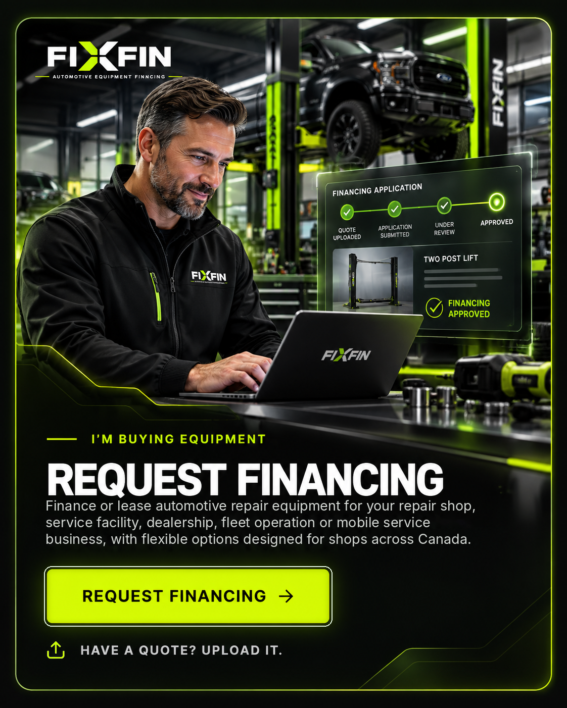 FixFin Request Financing choice, illustrating an automotive shop owner working on an equipment financing application.