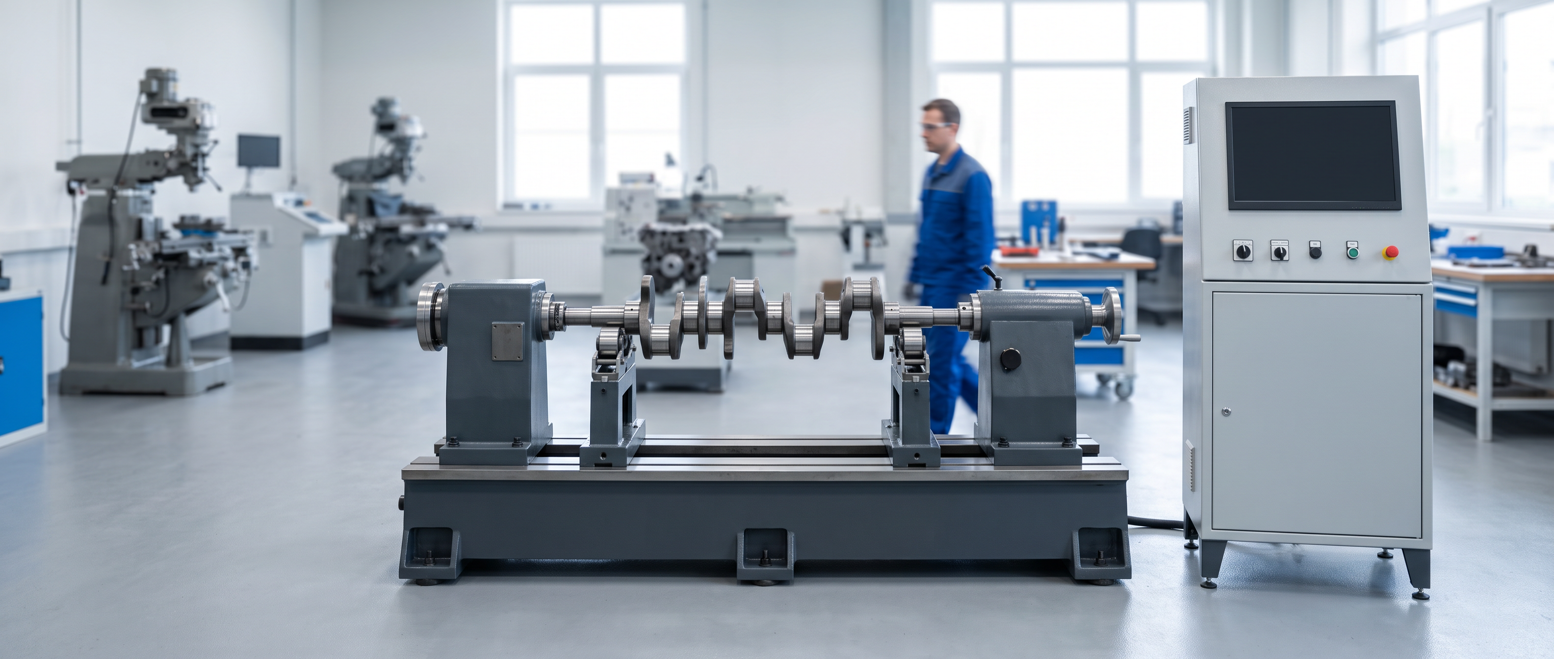 Professional engine balancing machine at rest with a crankshaft mounted level between its support heads and a plain control cabinet beside it.