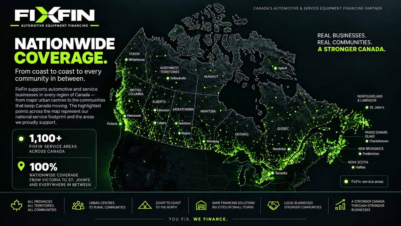 FixFin Canada-wide automotive and service equipment financing coverage map showing service areas across every province and territory.