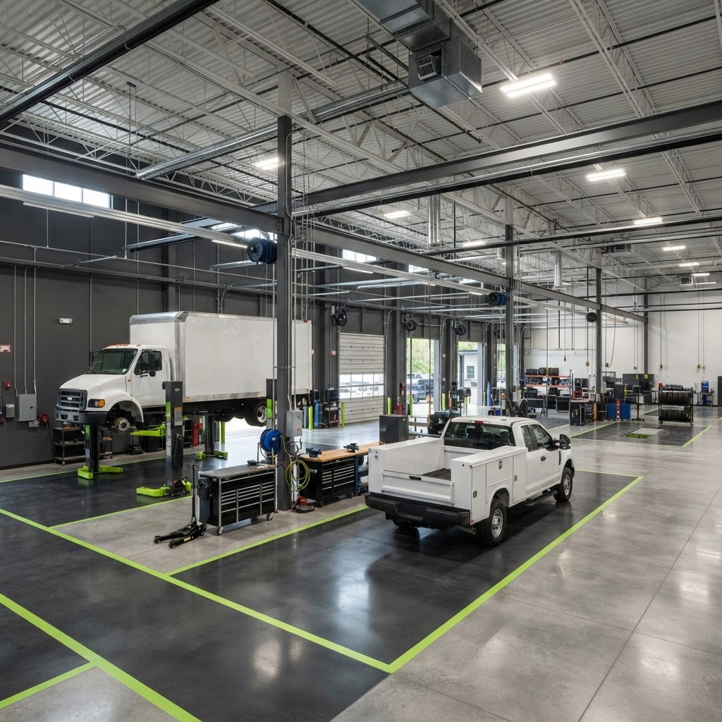 Fleet maintenance facility with heavy-duty service bays Fleet maintenance facility interior with a commercial truck raised on mobile column lifts.