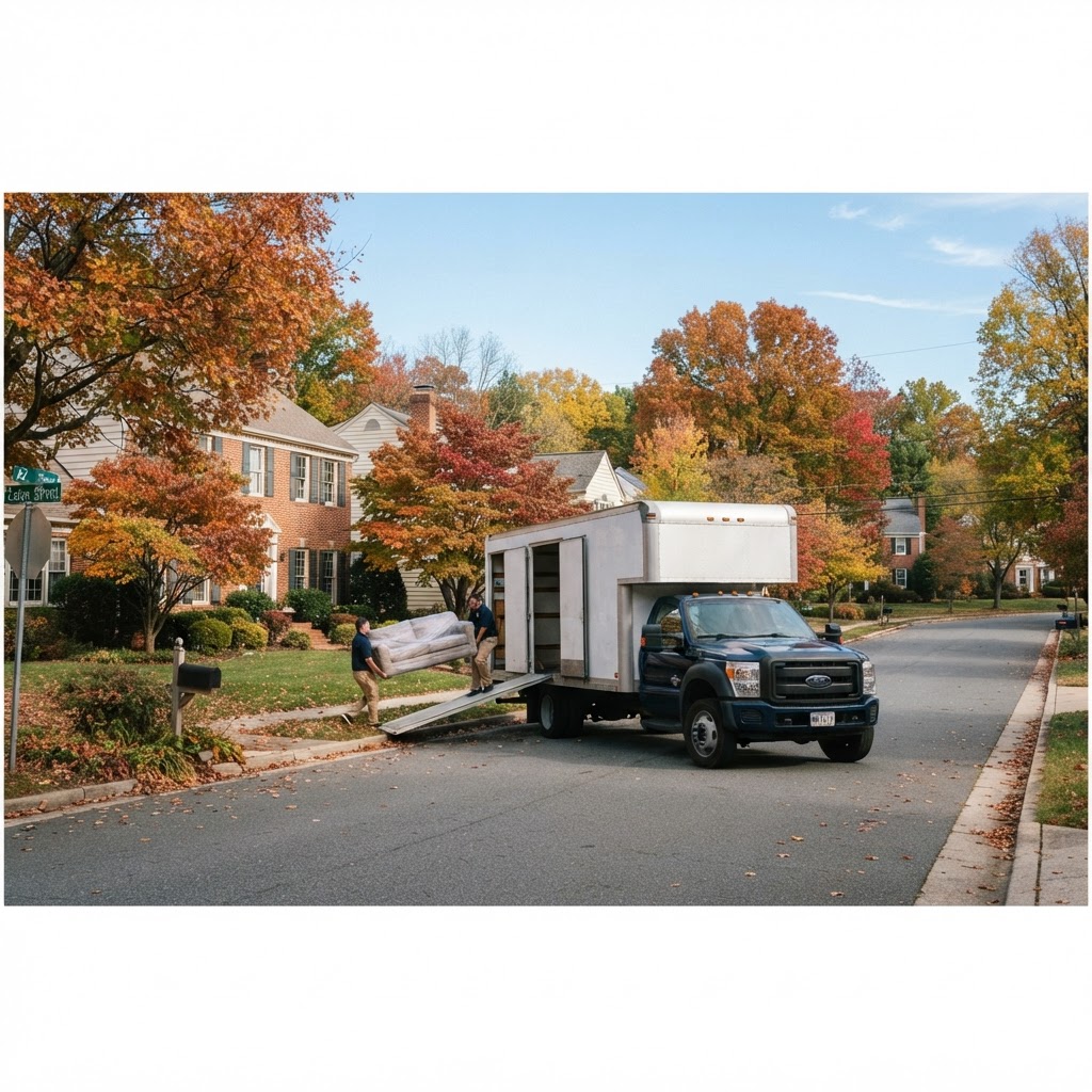 Professional moving truck parked in a residential neighborhood in Cresaptown, Maryland