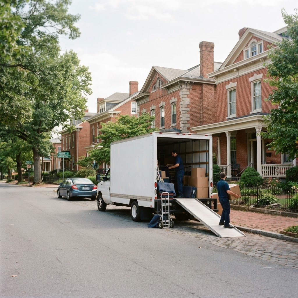 A F & P Transport moving truck parked in a historic Charles Town, WV neighborhood.