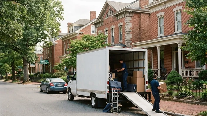 A F & P Transport moving truck parked in a historic Charles Town, WV neighborhood.