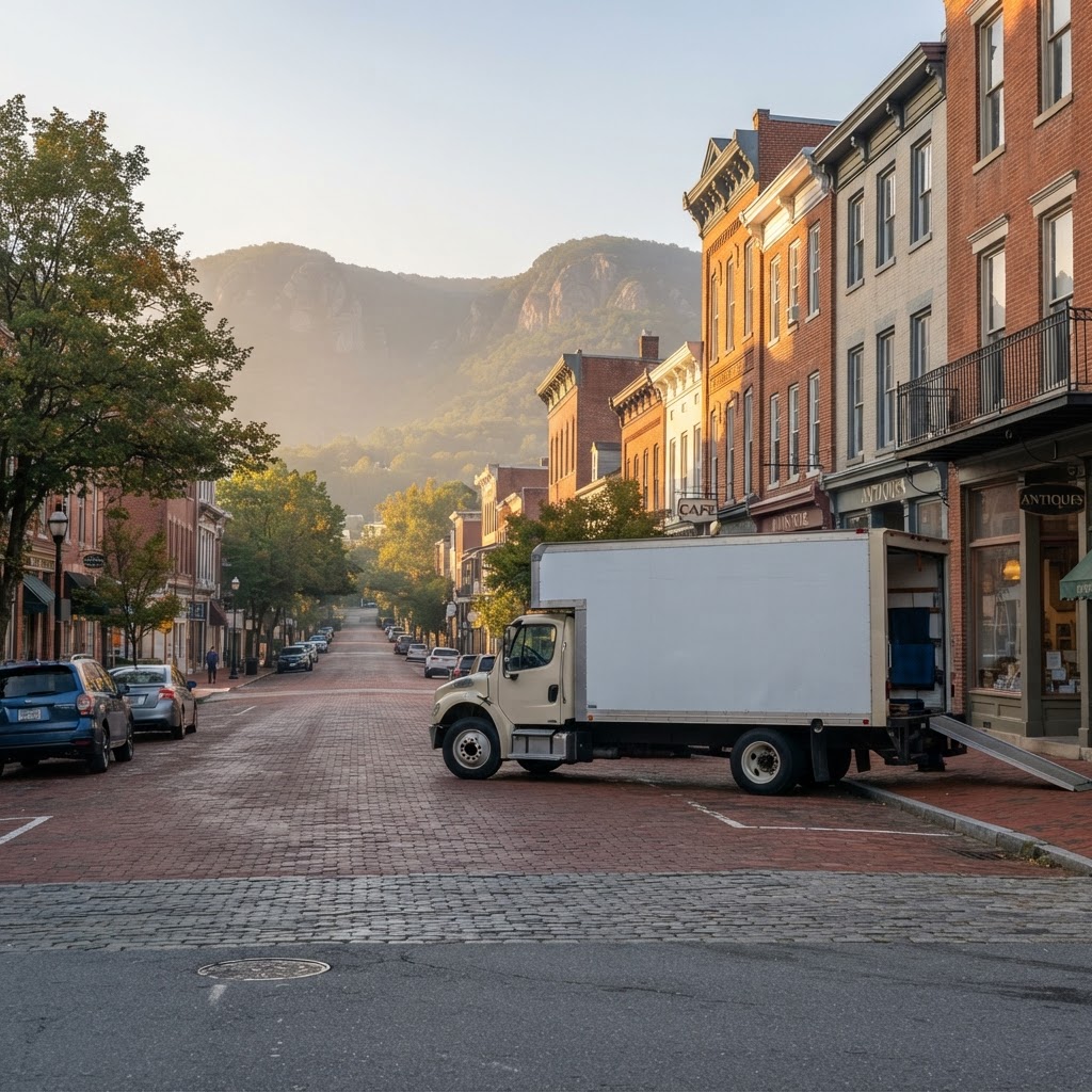 Professional moving truck on a historic street in Cumberland Maryland