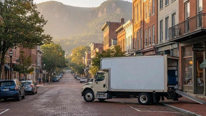 Professional moving truck on a historic street in Cumberland Maryland