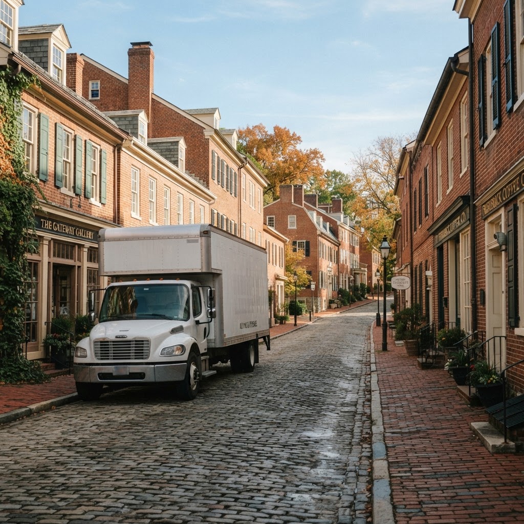 A F & P Transport moving truck parked in front of historic buildings in Frederick, MD.