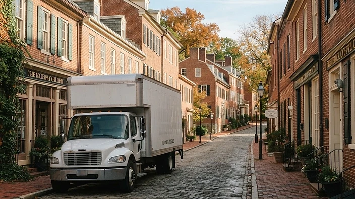 A F & P Transport moving truck parked in front of historic buildings in Frederick, MD.
