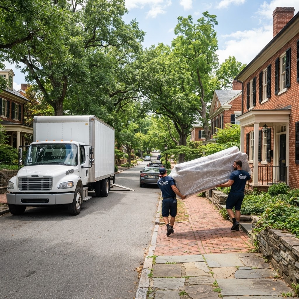 Professional movers unloading items at a historic Winchester home