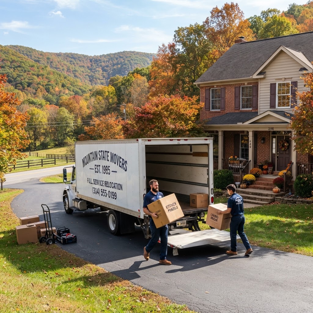 F & P Transport Movers crew loading a moving truck at a residential home in Shenandoah Junction, WV.