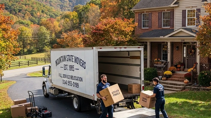 F & P Transport Movers crew loading a moving truck at a residential home in Shenandoah Junction, WV.