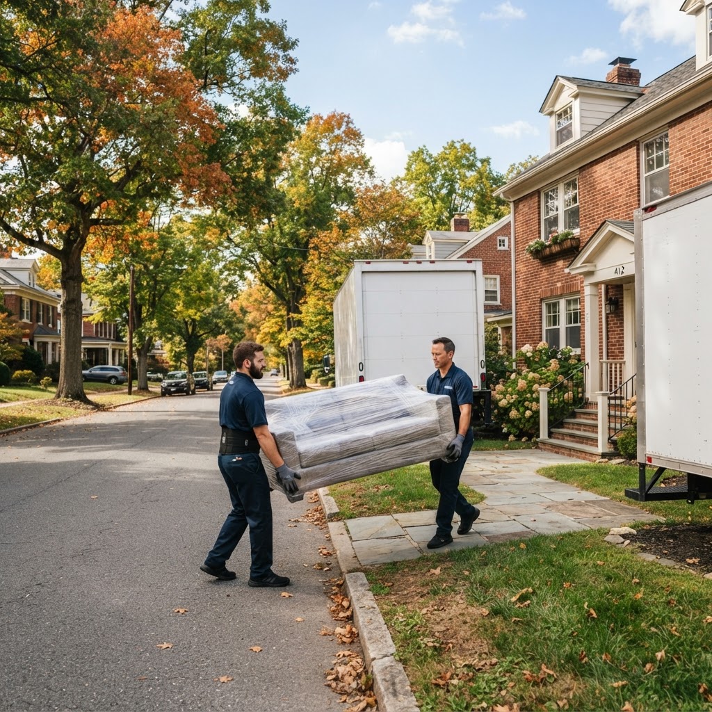 Professional movers loading a truck in a residential Hedgesville, WV neighborhood