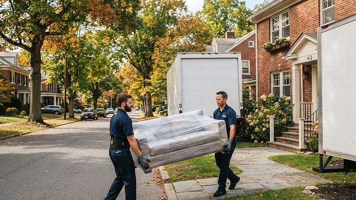Professional movers loading a truck in a residential Hedgesville, WV neighborhood