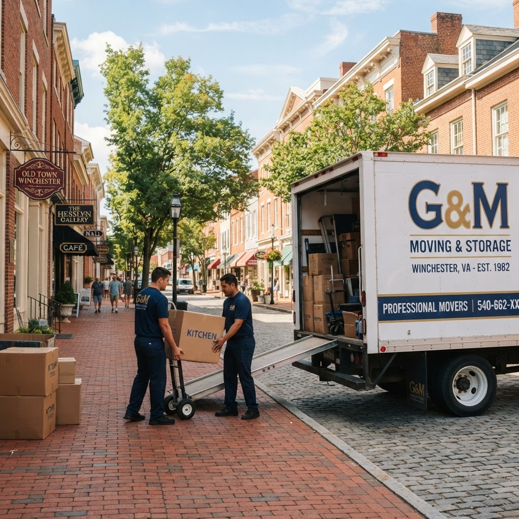 Professional moving truck parked on a historic street in Winchester, VA.