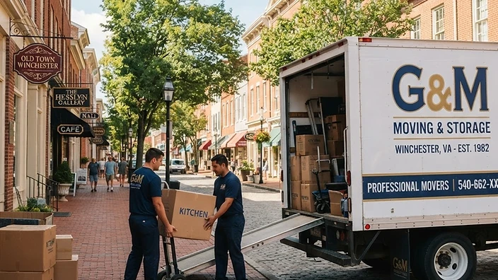 Professional moving truck parked on a historic street in Winchester, VA.
