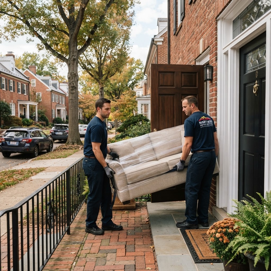 Professional movers in Hagerstown, MD carefully moving furniture into a home.
