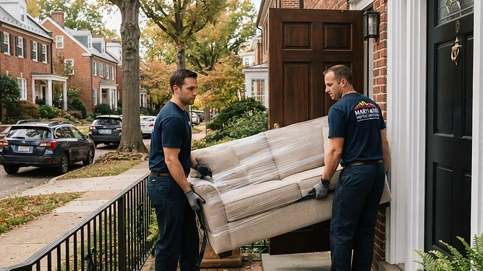 Professional movers in Hagerstown, MD carefully moving furniture into a home.